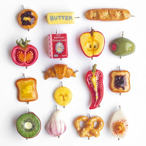 Realistic Food Fruit Pendant Necklace Gold Plated Copper Enamel Bread Tomato Apple Chili Kiwi Artificial Pearl Jewelry
