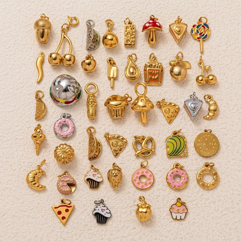 Stainless Steel 18K Gold Plated Enamel Food Charms DIY Pizza Cake Ice Cream Mushroom Pendants For Jewelry Making Accessories