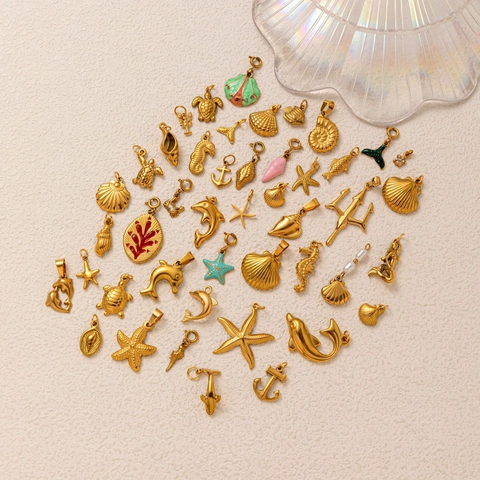 Ozean Thema Seestern Muschel Schildkröte Anhänger Halskette 18K Vergoldet Edelstahl Emaille Künstliche Perle DIY Schmuck Retro