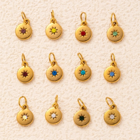 Stainless Steel 18K Gold Plated 12 Month Birthstone Starburst Round Pendant Rhinestone DIY Charm Accessory Necklace For Women