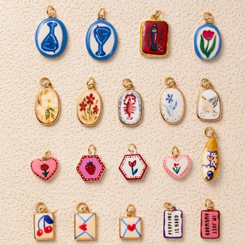 Retro Hand Painted Copper Enamel Pendant Necklace For Women Adjustable Gold Chain Cherry Lobster Strawberry Bird Jewelry Accessory