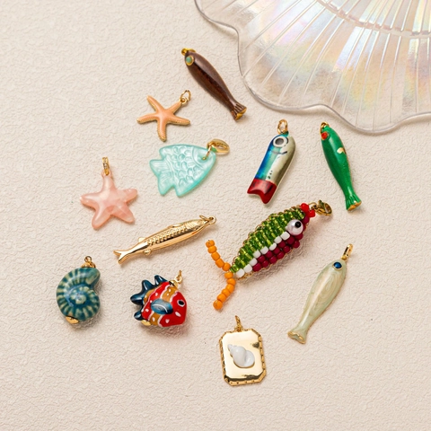 Ocean Theme Copper Pendant Enamel Fish Starfish Conch Shell Rhinestone Artificial Pearl Necklace Jewelry Accessories