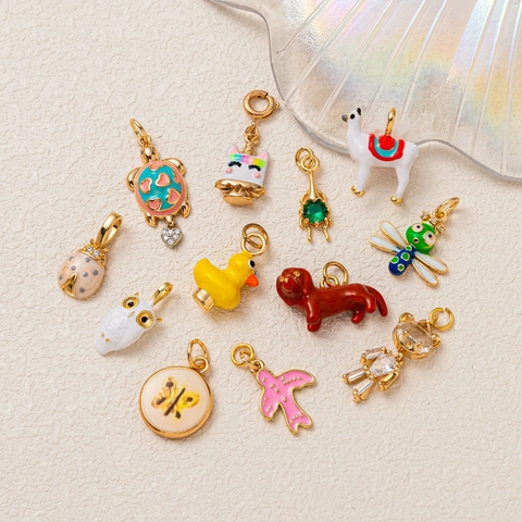 Gold Plated Copper Animal Pendant Necklace With Zirconia Enamel Colorful Bear Ladybug Duck Owl Dog Turtle Butterfly Charms For Women Jewelry