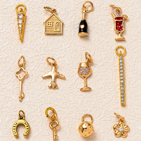 French Style 18K Gold Plated Copper Zircon Pendant Necklace For Women Men Horseshoe Plane Key Wine Glass Fashion Jewelry