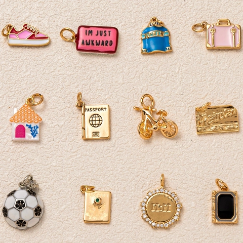 18K Gold Plated Stainless Steel Pendant Necklace Colorful Enamel Travel Suitcase Passport Football 11:11 Round Charm Jewelry