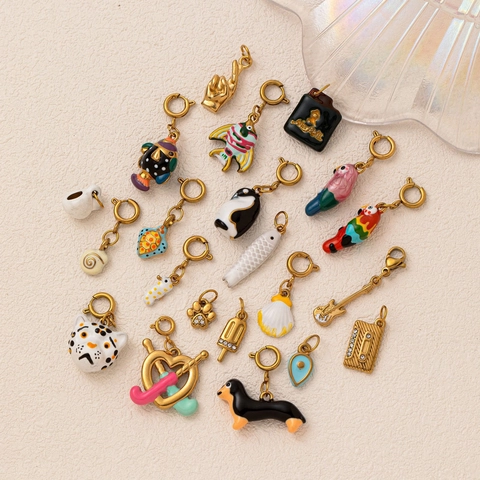 Stainless Steel Enamel Animal Charm Pendant For DIY Jewelry Making Retro Cat Dog Turtle Fish Guitar Parrot Pendant Charm