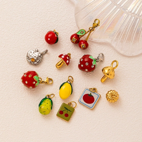 Stainless Steel Fruit Pendant Necklace 18K Gold Plated Enamel Strawberry Cherry Lemon Pendant Jewelry For Women Unisex Gift