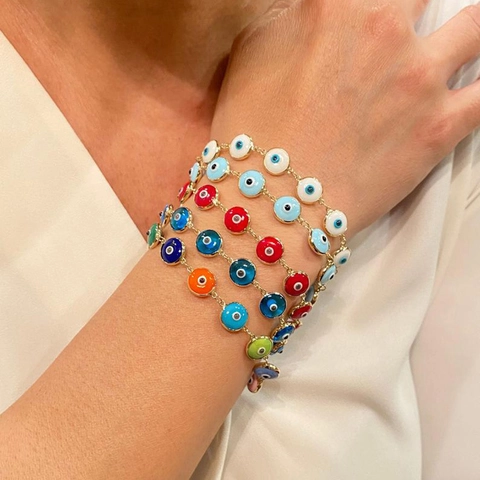 Fashion Zinc Alloy Evil Eye Chain Bracelet For Women Retro Multi-Color Enameled Turkish Lucky Eye Jewelry Hand Accessories