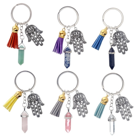 Hamsa Hand Evil Eye Keychain With Crystal Hexagonal Pillar Tassel Pendant Ethnic Bohemian Key Ring Jewelry Gift For Women