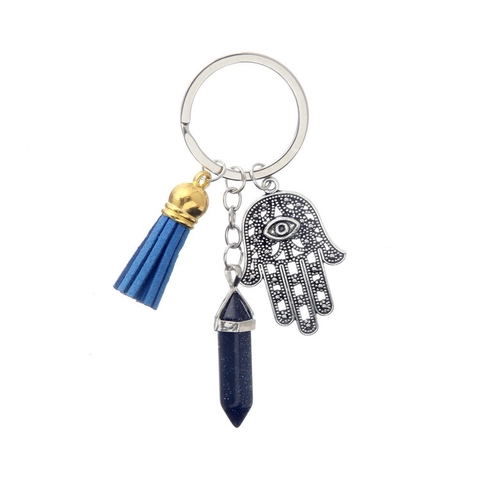 Hamsa Hand Evil Eye Keychain With Crystal Hexagonal Pillar Tassel Pendant Ethnic Bohemian Key Ring Jewelry Gift For Women
