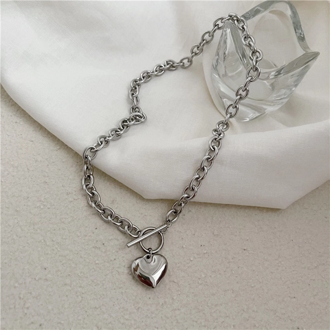 Stainless Steel Heart Pendant Toggle Clasp Necklace Chunky Cable Chain Bracelet For Women Minimalist Fashion Jewelry Gift