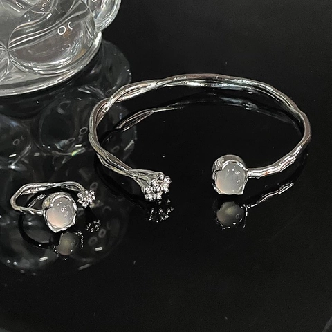 French Style Moonstone Flower Bud Open Bracelet And Cat Head Adjustable Ring For Women Silver Plated Zirconia Jewelry Set
