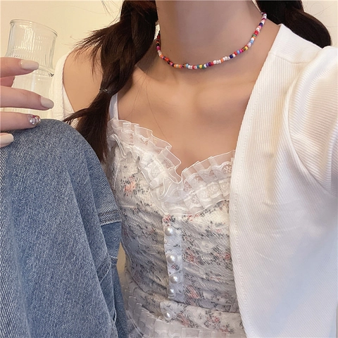 Zoete Zomer Kleurrijke Kralen Choker Ketting Voor Vrouwen Zinklegering Glas Glasparels Korte Halsketting Dagelijkse Sieraden