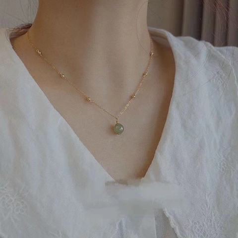 Vintage Gold Plated Zinc Alloy Necklace Round Green Nephrite Jade Bead Pendant Women Minimalist Clavicle Chain Gift