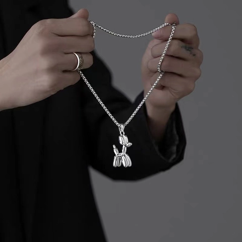 Trendy Silver Plated Balloon Dog Pendant Necklace For Men Women Unisex Hip Hop Polished Metal Animal Everyday Jewelry Gift