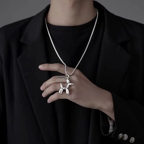 Trendy Silver Plated Balloon Dog Pendant Necklace For Men Women Unisex Hip Hop Polished Metal Animal Everyday Jewelry Gift