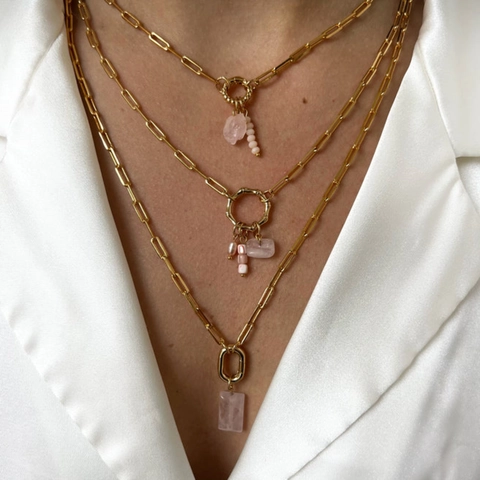 Gold Plated Copper Paperclip Chain Necklace Bracelet With Heart Round Carabiner Lock Geometric Pendant Jewelry For Women