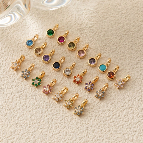 Birthstone Pendant Necklace Gold Plated Copper Colorful Cubic Zirconia Round Flower Elegant Fashion Jewelry For Women