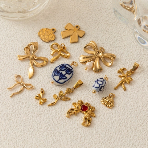 Vintage Copper Bow Rose Flower Angel Pendant Necklace With Artificial Pearl Ceramic Beads Electroplated DIY Jewelry Making Accessories For Women Men