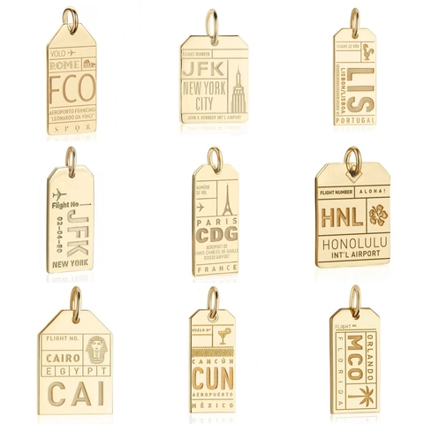 Stainless Steel 18K Gold Plated Travel Luggage Tag Pendant Airplane Airport Code CDG JFK LHR DIY Jewelry Making Charms