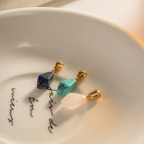 Geometric Natural Stone Pendant Necklace Stainless Steel Gold Plated Bead Chain Lapis Lazuli Turquoise Rose Quartz Jewelry For Women