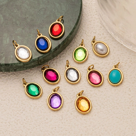 18K Gold Plated Stainless Steel 12 Birthstone Pendant Necklace For Women Men Vintage Rhinestone Carabiner Chain Jewelry