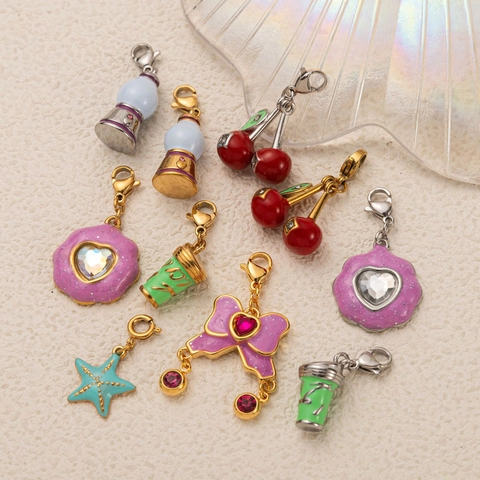 Minimalist Stainless Steel Pendant Necklace For Women Gold Silver Plated Enamel Cherry Heart Bow Star Coffee Cup Charm Jewelry Gift