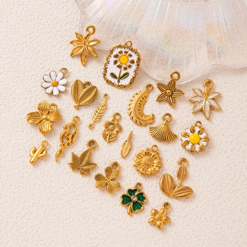 Stainless Steel Ocean Marine Series Pendant Necklace For Women 18K Gold Plated Plant Flower Leaf Enamel DIY Jewelry Accessory