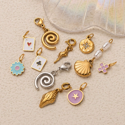 Western Vintage Stainless Steel Marine Theme Pendant Necklace Enamel Shell Poker Card Heart Star Cross Jewelry For Women
