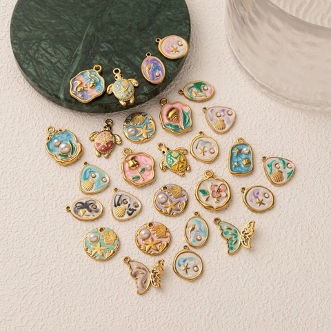 18K Vergoldet Edelstahl Emaille Ozean Tier Blume Anhänger Halskette Für Damen Schmetterling Seestern Delphin Schmuck Geschenk