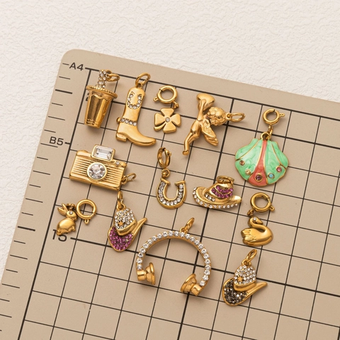 18K Gold Plated Stainless Steel DIY Charms Zirconia Clover Western Cowboy Hat Boot Pendant Accessory For Necklace Bracelet