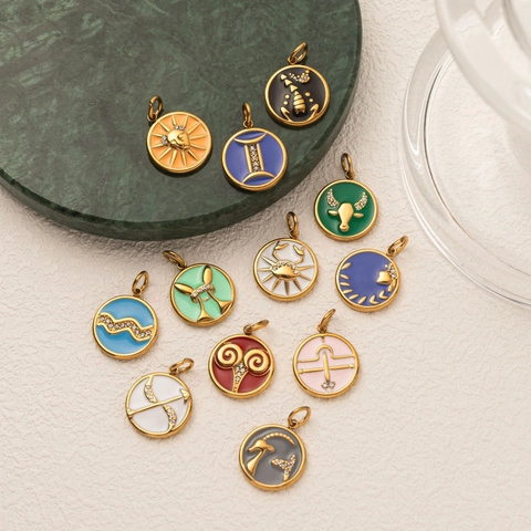 Collier Pendentif en Acier Inoxydable Plaqué Or 18K Émail 12 Signes du Zodiaque pour Femme Strass Rond Bijoux
