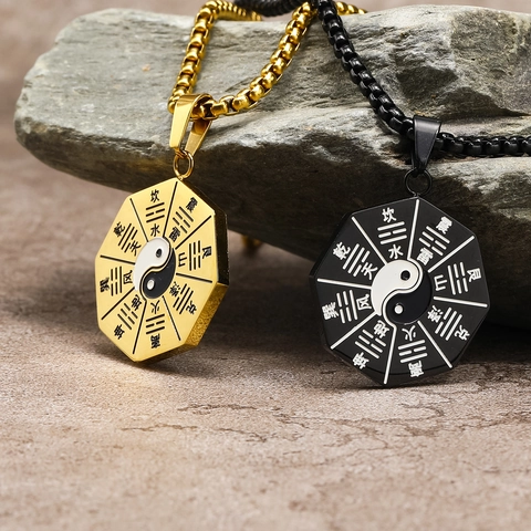 Collana con Ciondolo Bagua Tai Chi Yin Yang in Acciaio Inossidabile Vintage Punk Geometrico Ottagonale Gioielli Etnici per Uomo Donna