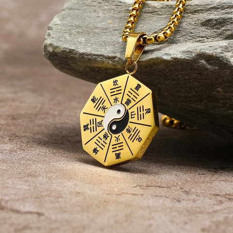 Collana con Ciondolo Bagua Tai Chi Yin Yang in Acciaio Inossidabile Vintage Punk Geometrico Ottagonale Gioielli Etnici per Uomo Donna