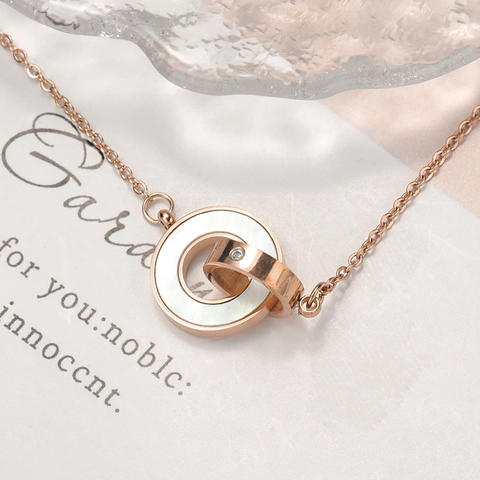 Roségold Edelstahl Doppelring Ineinandergreifende Anhänger Halskette Mit Römischen Zahlen Weiß Schwarz Muschel Strass Für Damen