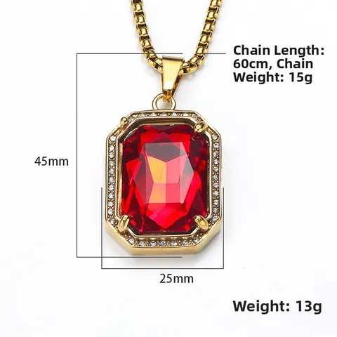 Collar De Acero Inoxidable Hip Hop Cuadrado Colgante Gema Colorida Lujo Zirconia Corte Esmeralda Joyería Para Hombre Mujer