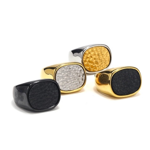 Herren Titanstahl Siegelring Vintage Gehämmerte Textur Punk Hip Hop Bandring Zwei Töne Gold Silber Schwarz Mode Schmuck