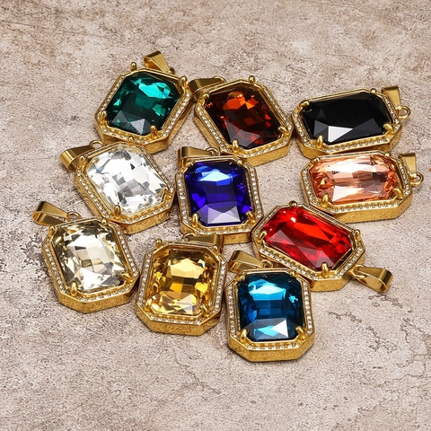 Collar De Acero Inoxidable Hip Hop Cuadrado Colgante Gema Colorida Lujo Zirconia Corte Esmeralda Joyería Para Hombre Mujer