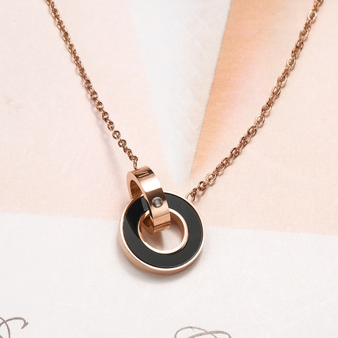 Roségold Edelstahl Doppelring Ineinandergreifende Anhänger Halskette Mit Römischen Zahlen Weiß Schwarz Muschel Strass Für Damen