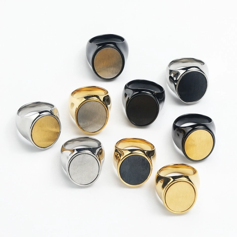 Edelstahl Siegelring für Herren Vintage Geometrisch Rund Oval Gebürstetes Metall Inlay Hip Hop Punk Biker Fingerring Schmuck