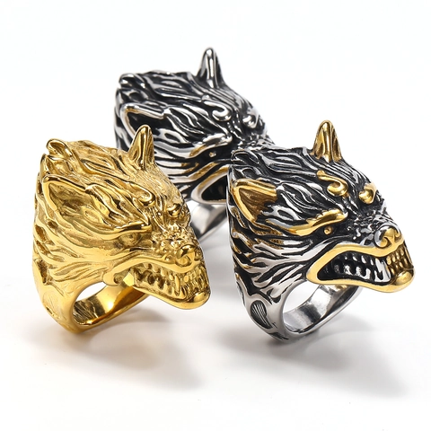 Viking Punk Wolf Head Titanium Steel Ring For Men Gothic Odin Animal Biker Ring Personalized Hip Hop Stainless Steel Jewelry Gift