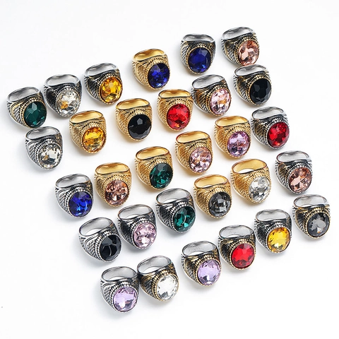 Herren Vintage Edelstahl Ring Oval Facettierter Edelstein Inlaid Band Retro Punk Schmuck Mode Accessoire Party Geschenk