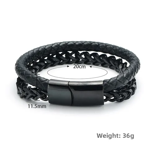 Fashion Men Braided Leather Bracelet With Stainless Steel Chain Industrial Punk Style Black Double Layer Magnetic Buckle