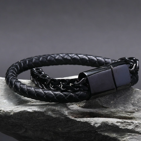 Fashion Men Braided Leather Bracelet With Stainless Steel Chain Industrial Punk Style Black Double Layer Magnetic Buckle