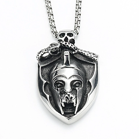 Vintage Stainless Steel Spartan Skull Shield Pendant Necklace Punk Egyptian Pharaoh Anubis Men Titanium Steel Jewelry Gift