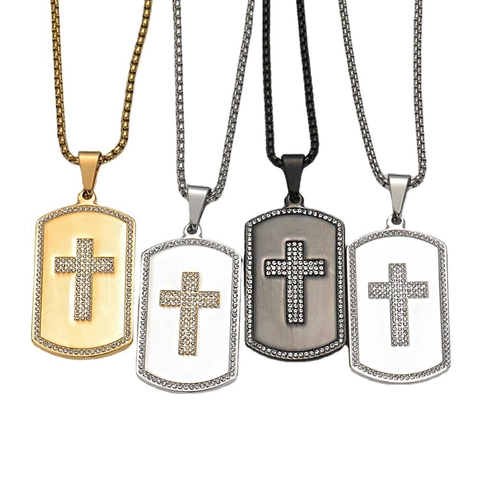 Punk Edelstahl Kreuz Anhänger Halskette Für Herren Strass Eingelegt Militär Erkennungsmarke Stil Hip Hop Schmuck