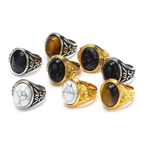 Men Retro Punk Titanium Steel Ring Vintage Carved Oval Rhinestone Black Onyx Tiger Eye Signet Ring For Hip Hop Party Jewelry