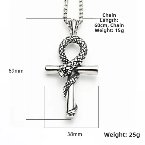 Gothic Stainless Steel Ankh Cross Snake Pendant Necklace For Men Women Hip Hop Retro Egyptian Mythology Jewelry Gift