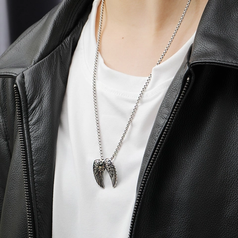 Vintage Roestvrij Staal Engel Vleugel Veer Hanger Halsketting Voor Heren Harajuku Street Style Hip Hop Sieraden