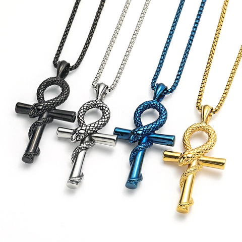 Gothic Stainless Steel Ankh Cross Snake Pendant Necklace For Men Women Hip Hop Retro Egyptian Mythology Jewelry Gift